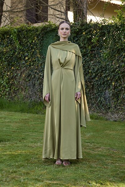 Birgül Bektaş Oil Green Arya Shawl Detailed Evening Dress