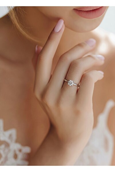 Vamos Jewelry Gümüş Çelik Zirkon Taşlı Tek Taş model Yüzük
