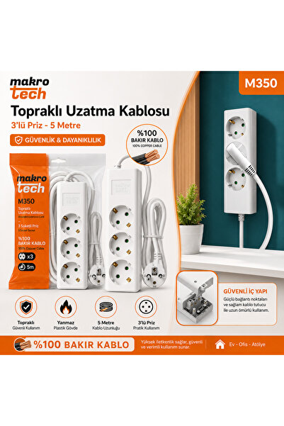 makro tech 3'lü 5 Metre BAKIR Kablolu Topraklı Grup Priz