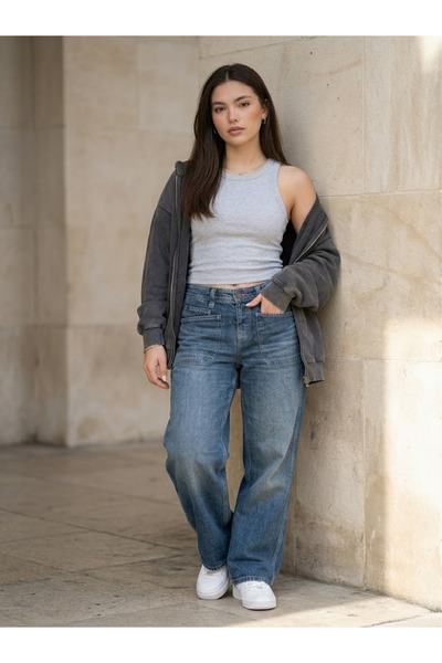 Düşük Bel Straight Jean Baggy Pantolon Regular Düz Paça Rahat Kesim Modern Denim Günlük Stil