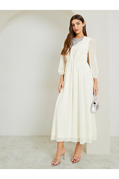 Styli Cream Embellished Long Sleeves Maxi Dress