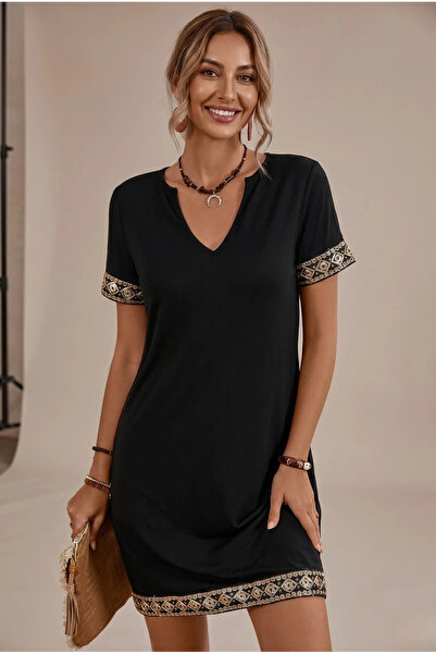bysoca Women's Black V-Neck Short Sleeve Ethnic Embroidered Cotton Viscose Bo...