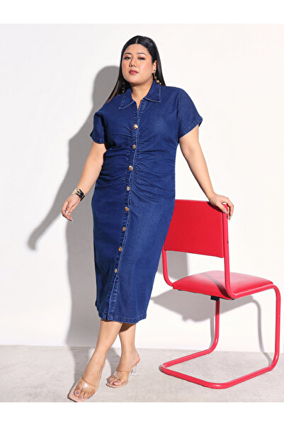 Sassafras By Styli Plus Size Denim Front Ruched Sheath Midi Dress