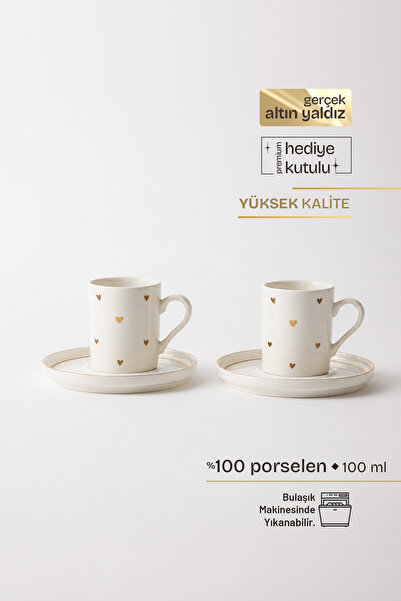 TUSE LIVING Golden Hearts Gerçek Altın Yaldızlı Kalpli 4 Parça 2 Kişilik Pors...