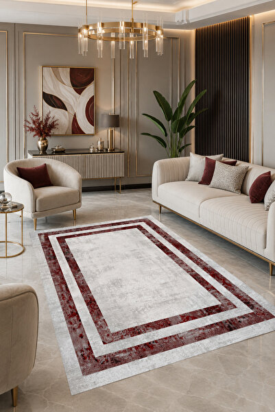 Bordo Halı Modern Çerçeve Desenli Bordo Krem Salon Mutfak Yatak Odası Halısı ...