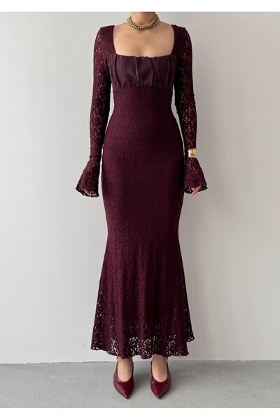 Caddebostan Moda Square Neck Lace Detailed Long Sleeve Midi Dress Stylish Eve...