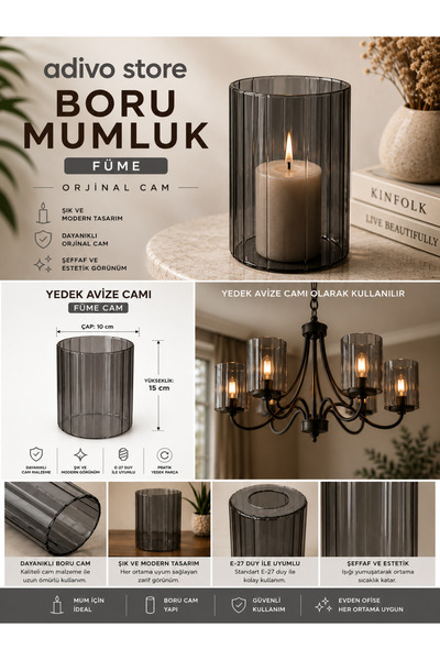 Dekoratif Adivo Store Füme Boru Mumluk ve Yedek Avize Camı 15 cm x 10 cm Orij...