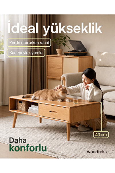 mywoodteks WOODTEKS Liva Ahşap Orta Sehpa | Çekmeceli ve Raflı Modern Sehpa