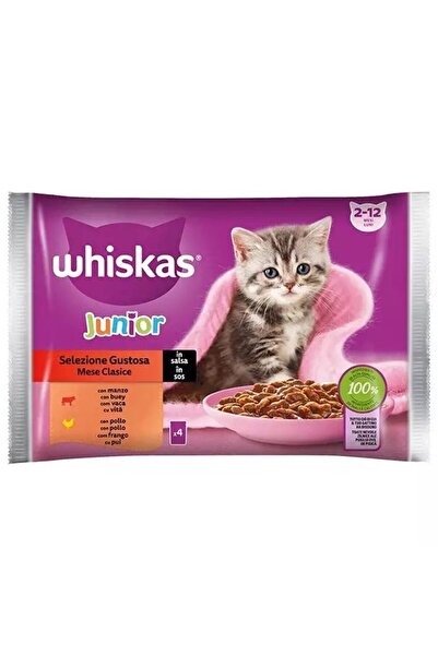 Vader Pouch, Whiskas, Junior 4 X 85 g Chicken and Beef in Gravy,