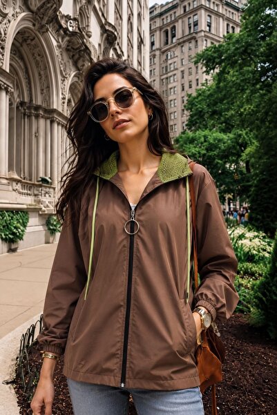 armonika Women's Mink Color Lined Hooded Raincoat with Fleto Pockets Arm-26Y0...
