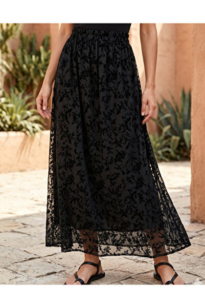 Butik Beli Lastikli Floral Dantel Detaylı Siyah Maxi Etek