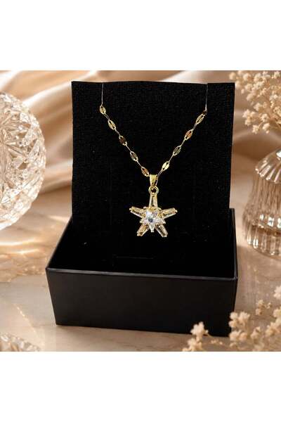 Bk Gift Women's Necklace with Stone Star Figure - Non-Tarnishing Gold Steel N...