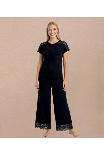 Lady Lingerie Short Sleeve Lace Detailed Black Women's Pajama Set