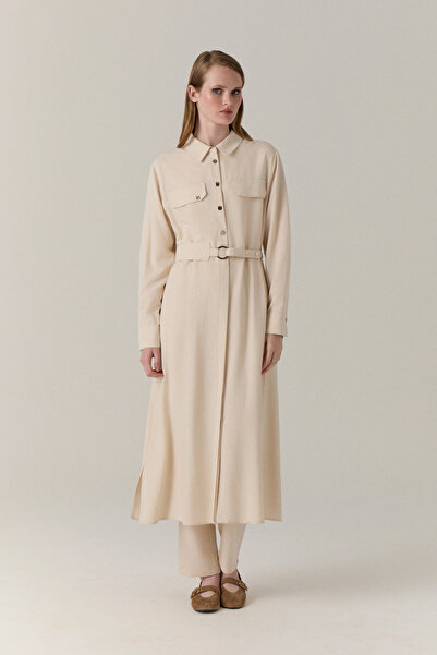 Zühre Belted Double Pocket Shirt Collar Stone Tunic 1667