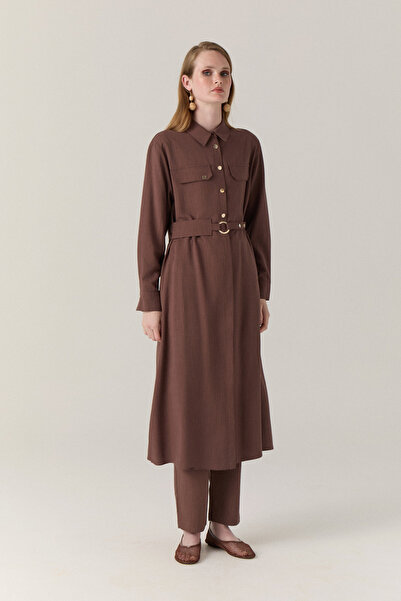Zühre Belted Double Pocket Shirt Collar Brown Tunic 1667