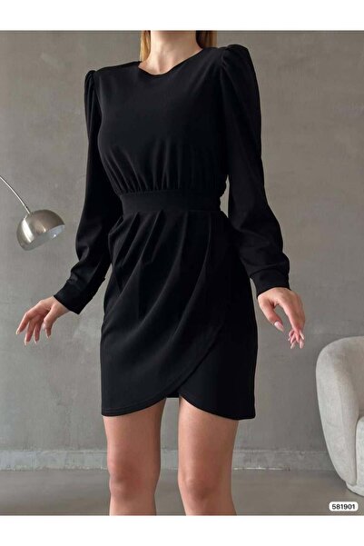 Modafeminen Puff Sleeve Waist Detailed Stylish Black Event Dress 581901