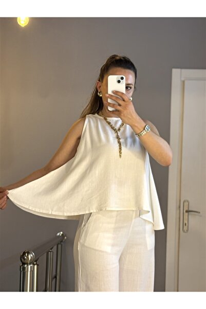 Gözde Tasarım Butik Women's White Color Cycle Collar Sleeveless Asymmetric Ru...