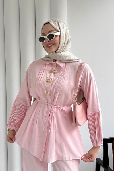Modaensarbutik Pilise Kol Detaylı Broş Aksesuarlı İkili Tesettür Takım-PEMBE