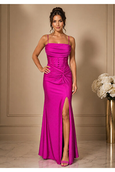 Divin store Rochie lungă ciclame din lycra cu pietre și slit elegant