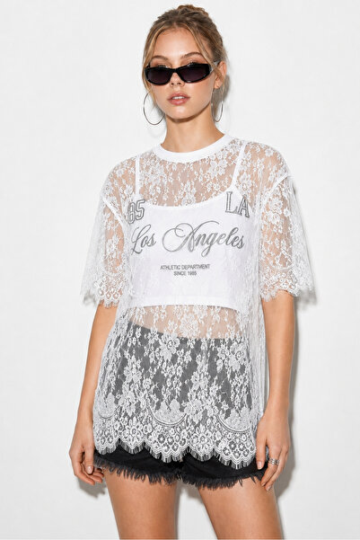 Bianco Lucci Women's Lace Tulle Detailed Printed Oversize Blouse 1098 60286295