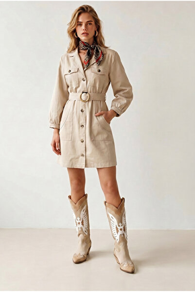 Olalook Women's Gabardine Shirt Dress with Stone Pockets and Belt Elb-19002569