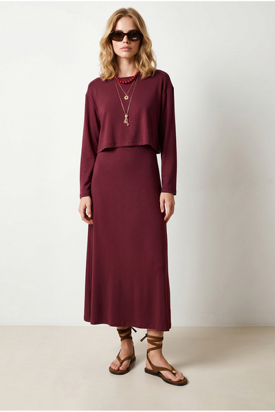 Olalook Women's Burgundy Inner Dress Top Blouse Modal Buttoned Dress Set Tkm-...
