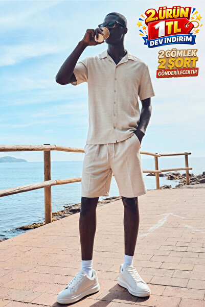 DAMGA JEANS Men's Trendy Polo Collar Shirt Basic Linen Shorts Cream Two-Piece...