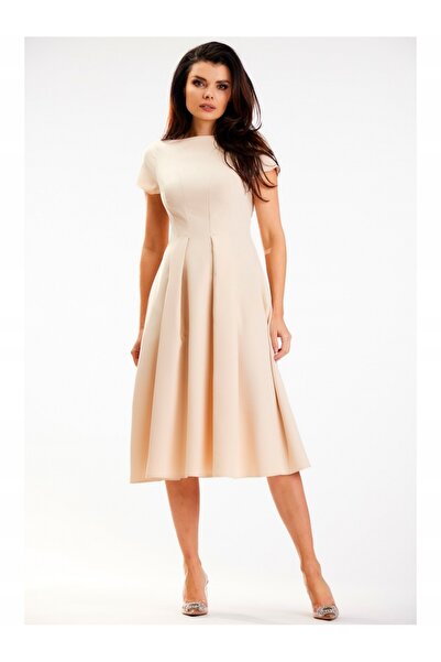 Awama Dress A569, Awama, Polyester, Beige, M INTL