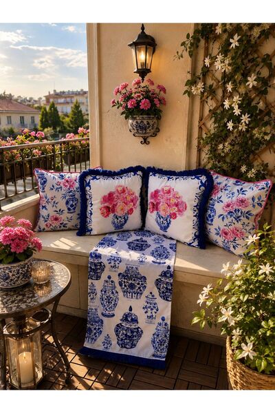adenkahome سلسلة BLUE BLANC، طقم غطاء وسادة وسجادة أرضية من الجلد المدبوغ مكو...