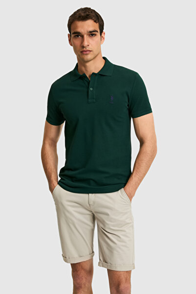 U.S. Polo Assn. Erkek Slim Fit Polo Yaka Koyu Yeşil Basic Tişört 50322304-VR079