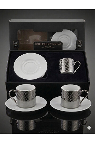 porselen Special Series 2-Person Silver Patterned Coffee Cup Set