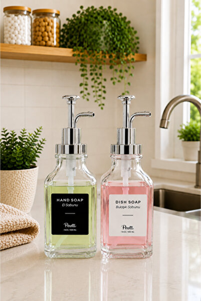 Karçiçeği Home Set of 2 Glass Liquid Soap Dispensers 500 ml – Hand Soap and D...