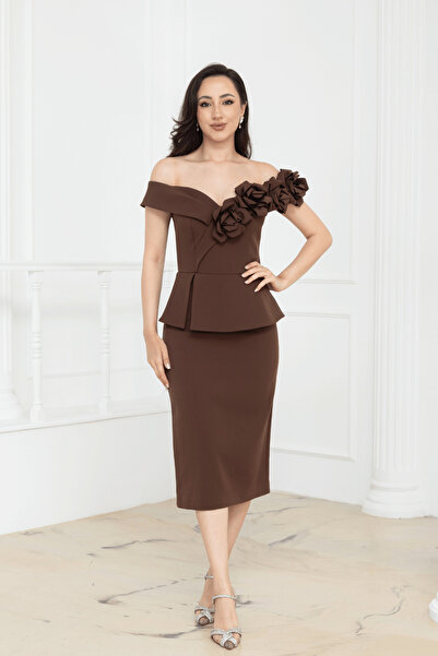 BEYBOS Floral Patterned Midi Pencil Dress - Brown
