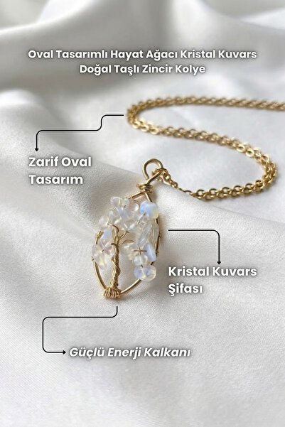 Elifsu Jewelry Oval Design Tree of Life Crystal Quartz Natural Stone Chain Ne...