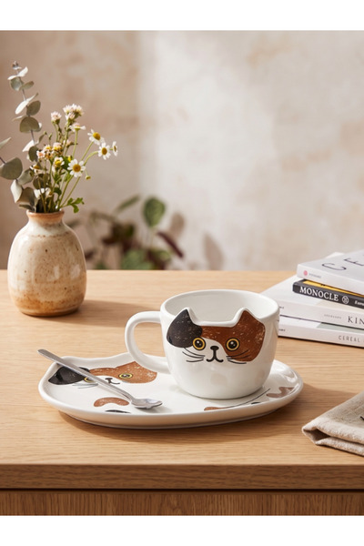 Bam Cat Design Ceramic Mug with Presentation Plate and Spoon