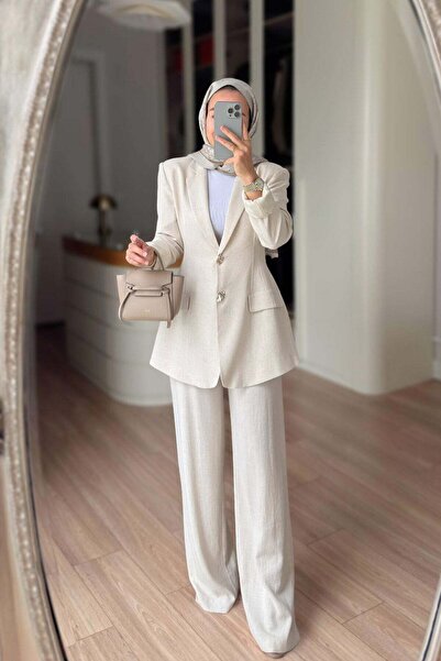 Ka Hijab Linen Suit with Gold Button Jacket - Beige