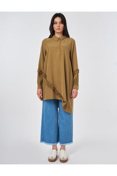 Kayra Ruffle Detailed Modal Fabric Shirt Collar Women's Tunic