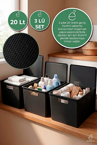 EVONİTA 3lü Kapaklı Saklama Kutusu 20 Lt Çok Amaçlı Organizer Banyo Mutfak Do...