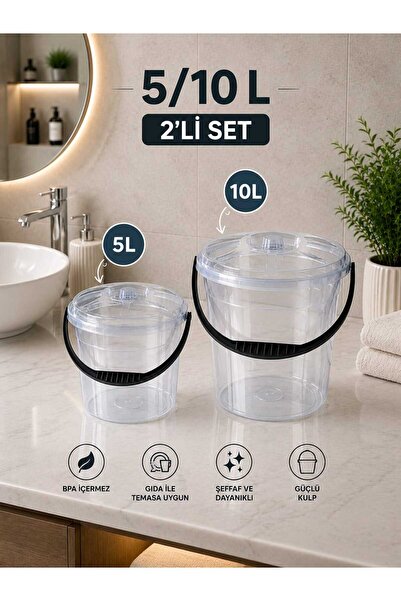 zemihra Plastik Şeffaf Kapaklı Su Kovası Temizlik Kovası Ikili Set 5/10 Lt