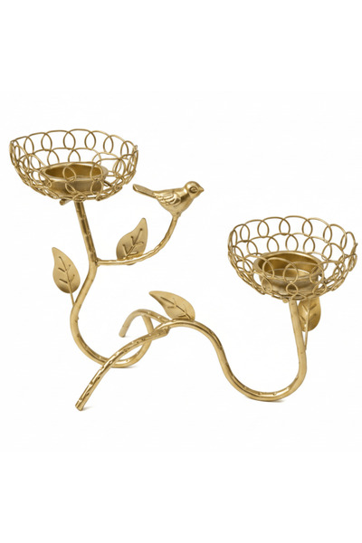 AKDC Golden Bird & Vine Double Candle Holder | Luxury Gold Metal Wire Centerp...