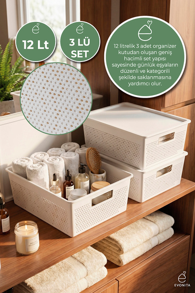 EVONİTA 3lü Kapaklı Saklama Kutusu 12 Lt Çok Amaçlı Organizer Banyo Mutfak Do...