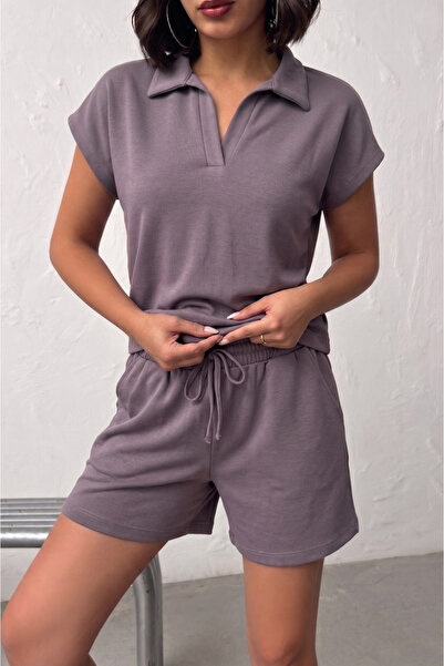 NEW JOURNAL Women's Light Gray Polo Collar Elastic Waist Bottom Top Shorts Se...