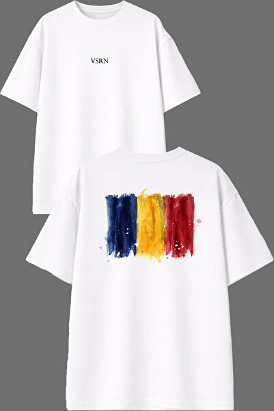 VSRN Tricou supradimensionat alb cu imprimeu față și spate, cu design Flag Ro...