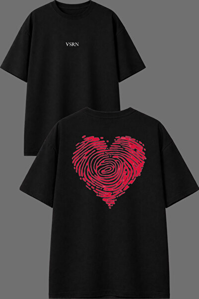 VSRN Σχέδιο Heart Print Μπροστινό και Πίσω Μαύρο Oversize T-shirt με στάμπα