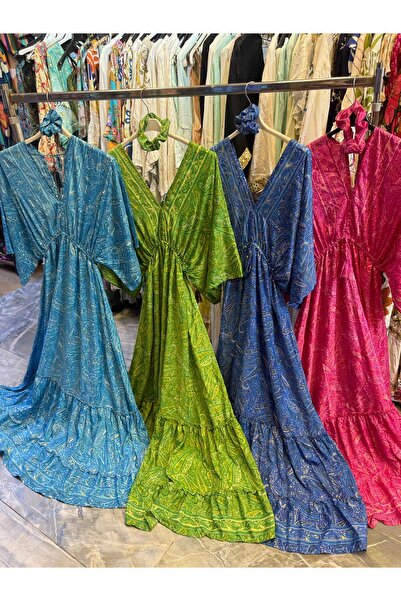 moda gk Şal Desen Parlak Detaylı Bohem Hint İpek Elbise