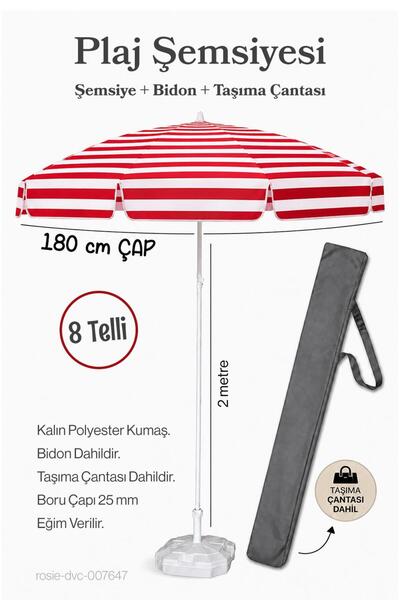 Düvenci Kırmızı Beyaz Plaj Şemsiyesi 180 Çap / 8 Telli + Bidon + Taşıma Çanta...