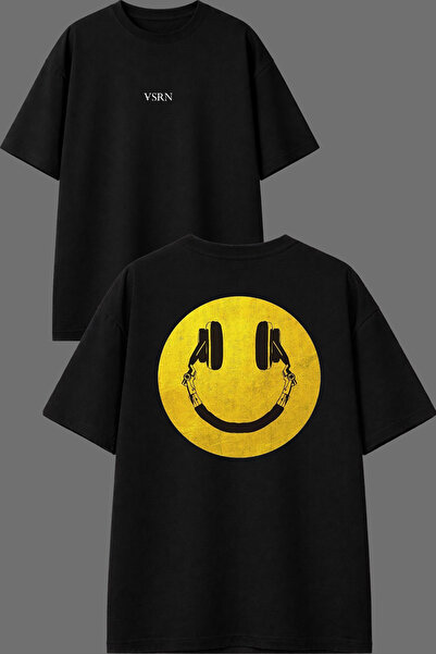 VSRN Μπλουζάκι Smile Headphone Design με στάμπα μπροστά και πίσω, μαύρο, over...