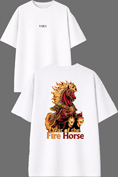 VSRN Μπλουζάκι με σχέδιο Fire Horse, με στάμπα μπροστά και πίσω, λευκό, overs...