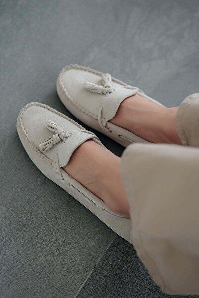 Parponi Boliva Women's Tasseled Genuine Suede Loafer Shoes Beige