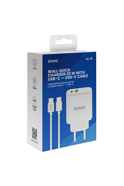 Savio ÎNCĂRCĂTOR DE REȚEA 20W + CABLU QUICK CHARGE POWER DELIVERY 3.0 BIA LA-13